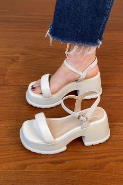 Lightweight Chunky-Heeled One-Strap Open-Toe Sandals for Women - Summer Waterproof Platform High Heels in First-Layer Cowhide