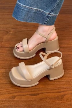 Lightweight Chunky-Heeled One-Strap Open-Toe Sandals for Women - Summer Waterproof Platform High Heels in First-Layer Cowhide
