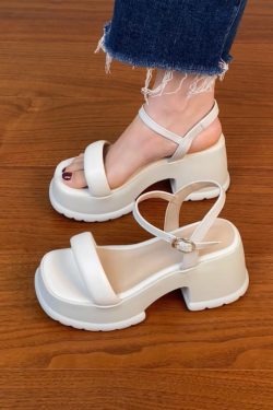 Lightweight Chunky-Heeled One-Strap Open-Toe Sandals for Women - Summer Waterproof Platform High Heels in First-Layer Cowhide