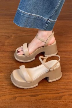 Lightweight Chunky-Heeled One-Strap Open-Toe Sandals for Women - Summer Waterproof Platform High Heels in First-Layer Cowhide