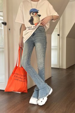 Lightweight Fleece Mid-Rise Slim Fit Flared Jeans for Women - Perfect for Spring and Autumn, Casual Chic Style