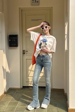 Lightweight Fleece Mid-Rise Slim Fit Flared Jeans for Women - Perfect for Spring and Autumn, Casual Chic Style