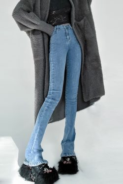 Lightweight Fleece Mid-Rise Slim Fit Flared Jeans for Women - Perfect for Spring and Autumn, Casual Chic Style