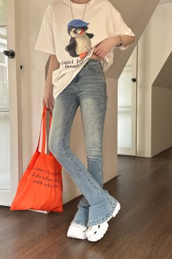 Lightweight Fleece Mid-Rise Slim Fit Flared Jeans for Women - Perfect for Spring and Autumn, Casual Chic Style