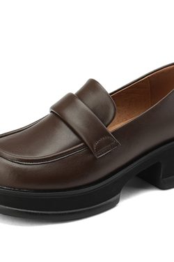 Lightweight Genuine Leather Round-Toe Chunky Heel Shoes for Women - Thick-Soled Height-Increasing Footwear