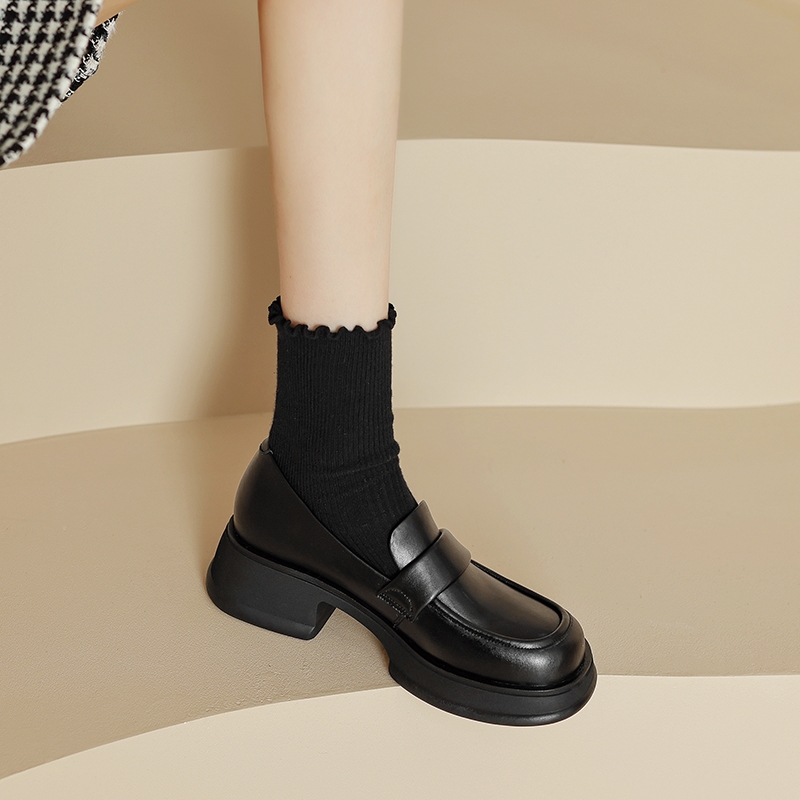 Lightweight Genuine Leather Round-Toe Chunky Heel Shoes for Women - Thick-Soled Height-Increasing Footwear Lightweight Genuine Leather Round-Toe Chunky Heel Shoes for Women - Thick-Soled Height-Increasing Footwear