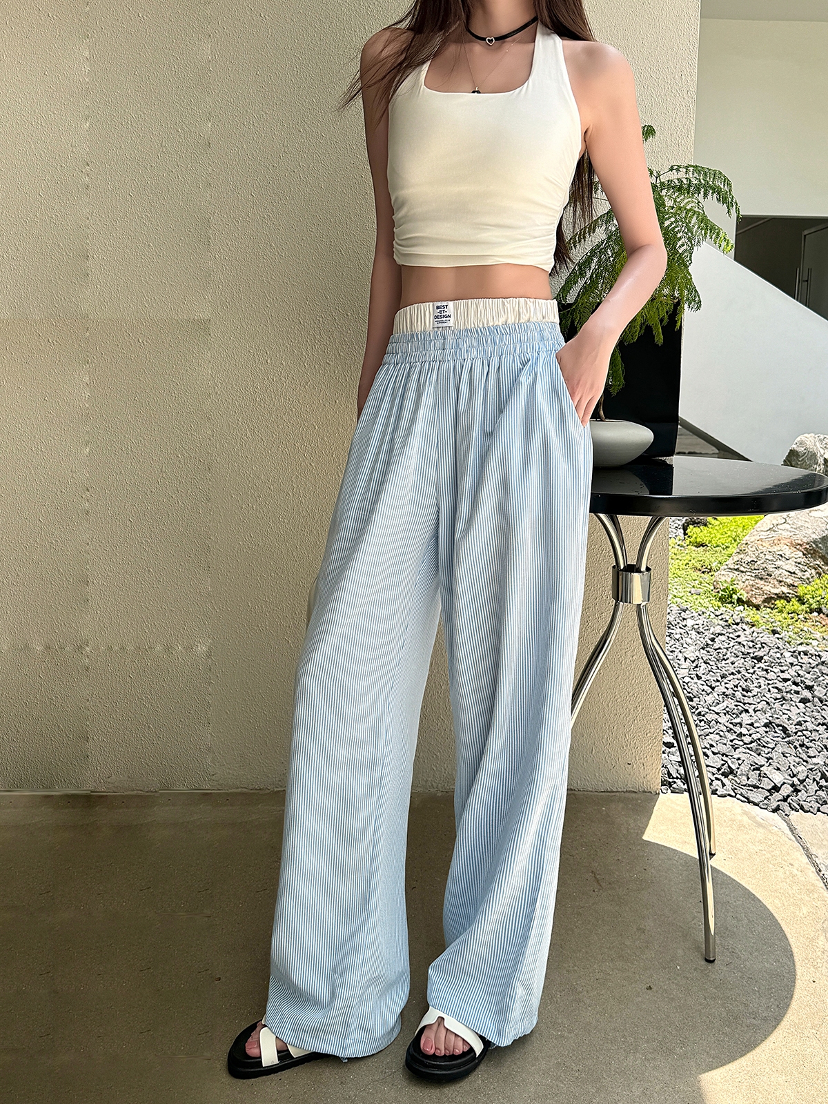 Lightweight High-Waisted Casual Wide-Leg Pants - Summer Striped Blue and White Loose Straight-Leg Trousers for Effortless Style Lightweight High-Waisted Casual Wide-Leg Pants - Summer Striped Blue and White Loose Straight-Leg Trousers for Effortless Style