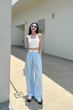 Lightweight High-Waisted Casual Wide-Leg Pants - Summer Striped Blue and White Loose Straight-Leg Trousers for Effortless Style