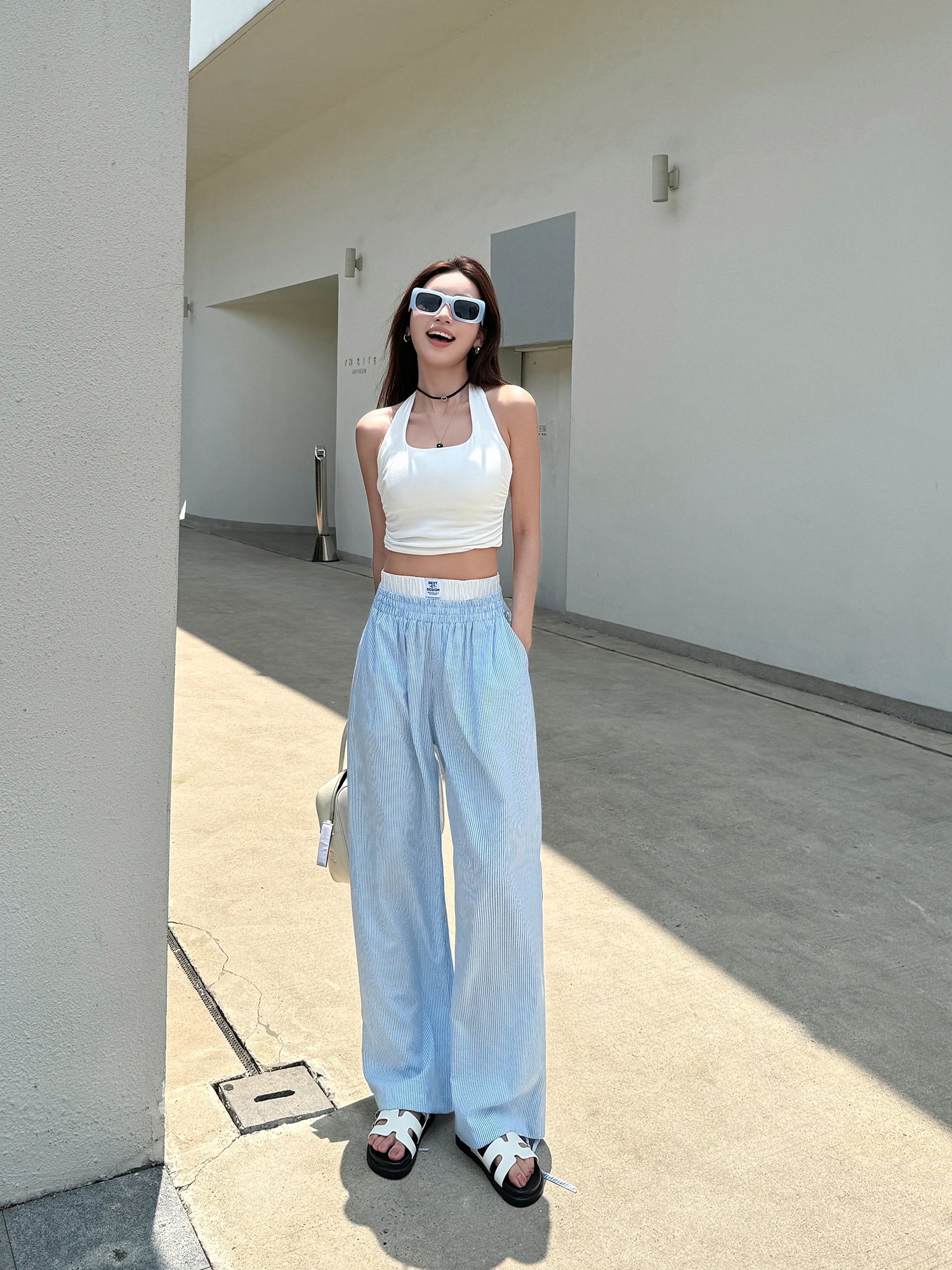 Lightweight High-Waisted Casual Wide-Leg Pants - Summer Striped Blue and White Loose Straight-Leg Trousers for Effortless Style Lightweight High-Waisted Casual Wide-Leg Pants - Summer Striped Blue and White Loose Straight-Leg Trousers for Effortless Style