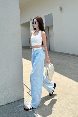 Lightweight High-Waisted Casual Wide-Leg Pants - Summer Striped Blue and White Loose Straight-Leg Trousers for Effortless Style