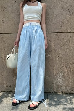 Lightweight High-Waisted Casual Wide-Leg Pants - Summer Striped Blue and White Loose Straight-Leg Trousers for Effortless Style