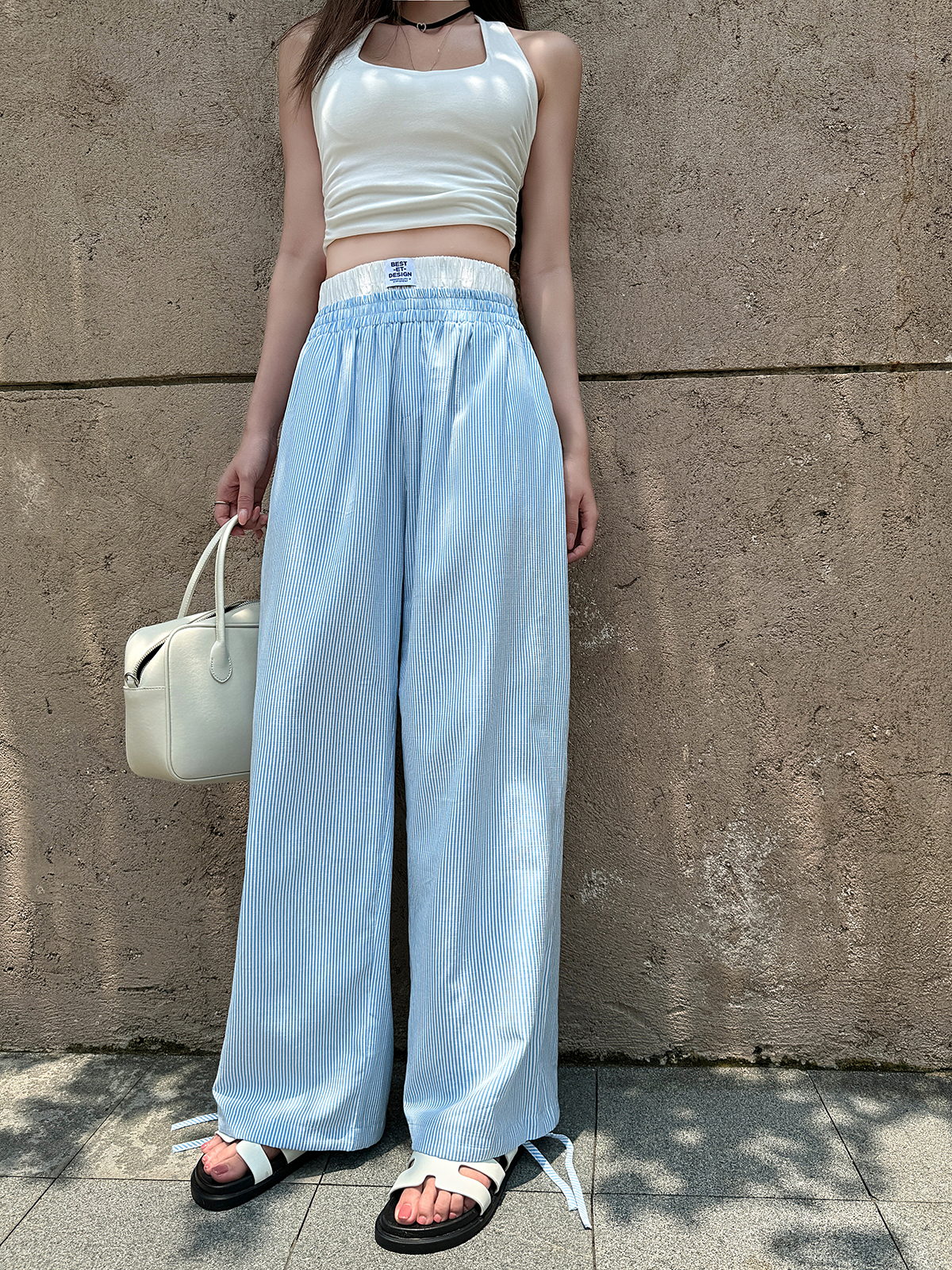 Lightweight High-Waisted Casual Wide-Leg Pants - Summer Striped Blue and White Loose Straight-Leg Trousers for Effortless Style Lightweight High-Waisted Casual Wide-Leg Pants - Summer Striped Blue and White Loose Straight-Leg Trousers for Effortless Style