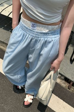 Lightweight High-Waisted Casual Wide-Leg Pants - Summer Striped Blue and White Loose Straight-Leg Trousers for Effortless Style