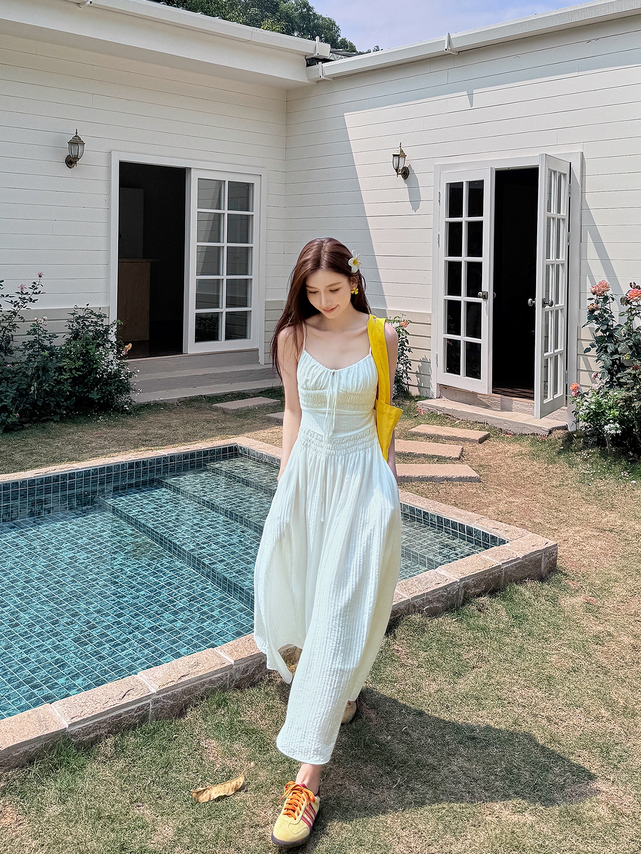 Lightweight High-Waisted Long Dress with Straps, Hollow Out Design, Slimming A-Line Silhouette for Summer Vacation Style Lightweight High-Waisted Long Dress with Straps, Hollow Out Design, Slimming A-Line Silhouette for Summer Vacation Style