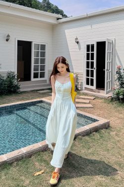Lightweight High-Waisted Long Dress with Straps, Hollow Out Design, Slimming A-Line Silhouette for Summer Vacation Style