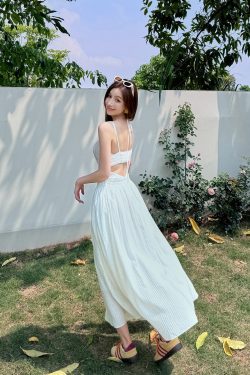 Lightweight High-Waisted Long Dress with Straps, Hollow Out Design, Slimming A-Line Silhouette for Summer Vacation Style