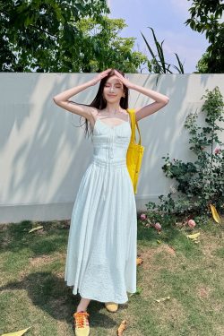 Lightweight High-Waisted Long Dress with Straps, Hollow Out Design, Slimming A-Line Silhouette for Summer Vacation Style