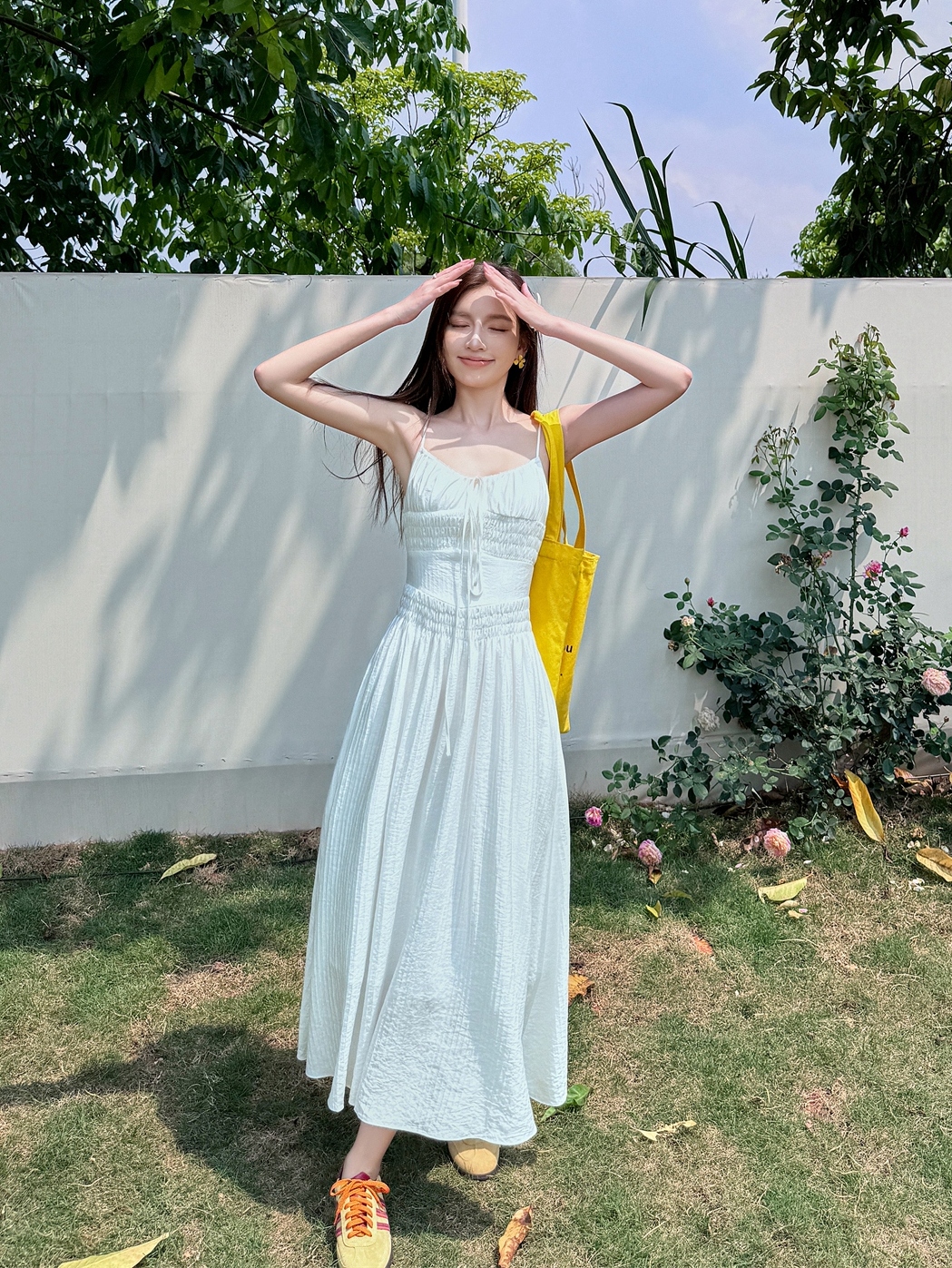 Lightweight High-Waisted Long Dress with Straps, Hollow Out Design, Slimming A-Line Silhouette for Summer Vacation Style Lightweight High-Waisted Long Dress with Straps, Hollow Out Design, Slimming A-Line Silhouette for Summer Vacation Style