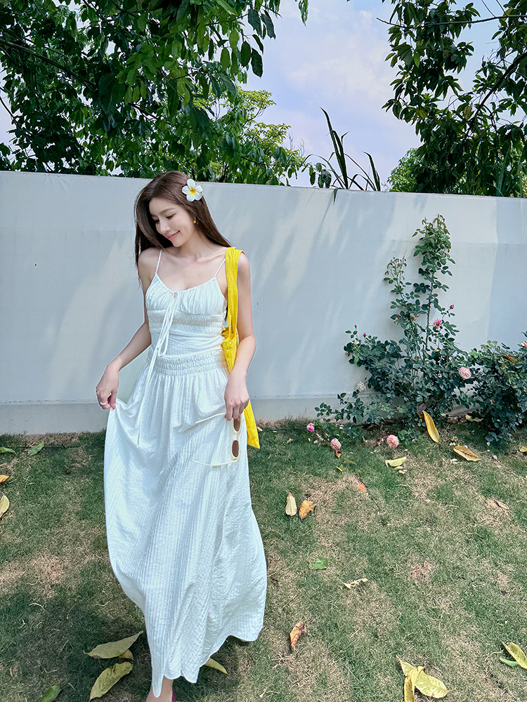 Lightweight High-Waisted Long Dress with Straps, Hollow Out Design, Slimming A-Line Silhouette for Summer Vacation Style Lightweight High-Waisted Long Dress with Straps, Hollow Out Design, Slimming A-Line Silhouette for Summer Vacation Style