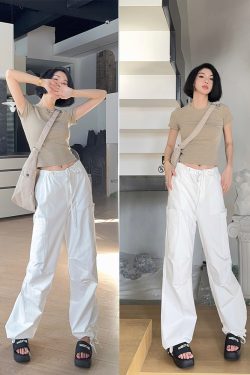 Lightweight High-Waisted Long Pants for Women - Casual White Cotton Drawstring Trousers, Spring Summer American Street Style