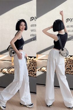 Lightweight High-Waisted Long Pants for Women - Casual White Cotton Drawstring Trousers, Spring Summer American Street Style