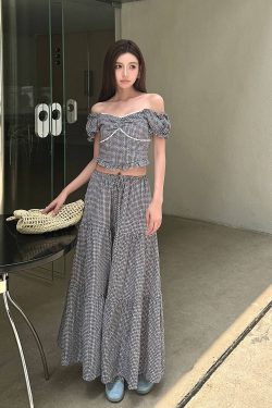 Lightweight High-Waisted Long Skirt Set with Checkered Short-Sleeve Top - Trendy 2-Piece Outfit for Summer Style