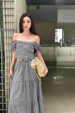 Lightweight High-Waisted Long Skirt Set with Checkered Short-Sleeve Top - Trendy 2-Piece Outfit for Summer Style