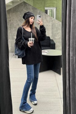 Lightweight High-Waisted Slim-Fit Flared Pants for Spring & Autumn - Extra Long Deep Blue Denim Jeans