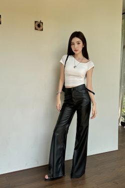 Lightweight High-Waisted Wide-Leg Flared Pants for Women - Slimming Mid-Rise Floor-Length PU Leather Trousers for Spring & Autumn