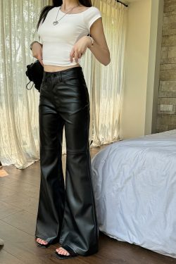 Lightweight High-Waisted Wide-Leg Flared Pants for Women - Slimming Mid-Rise Floor-Length PU Leather Trousers for Spring & Autumn