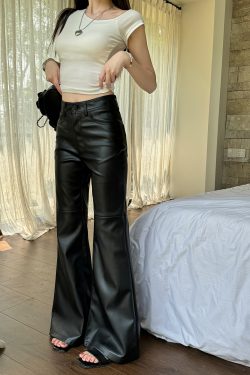 Lightweight High-Waisted Wide-Leg Flared Pants for Women - Slimming Mid-Rise Floor-Length PU Leather Trousers for Spring & Autumn