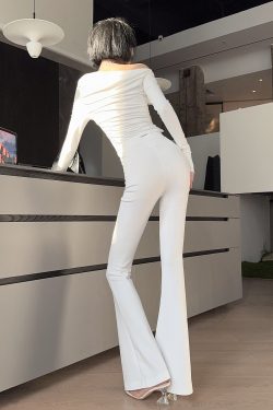 Lightweight High-Waisted Wide-Leg Flared Trousers for Women - Spring Fashion, Stretchy Floor-Length, Slimming Effect in White