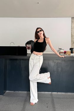 Lightweight High-Waisted Wide-Leg Jeans for Women - Summer Loose Fit, Split Hem, Floor-Length Tencel, White, Y2K Style