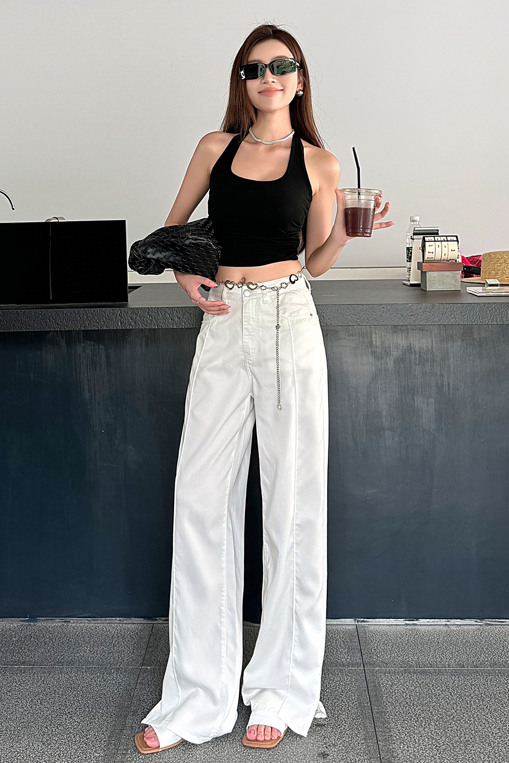 Lightweight High-Waisted Wide-Leg Jeans for Women - Summer Loose Fit, Split Hem, Floor-Length Tencel, White, Y2K Style