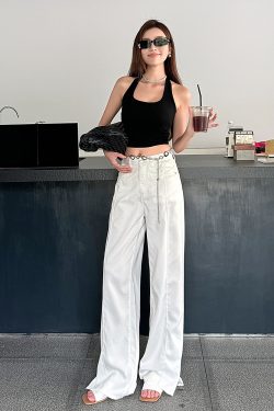 Lightweight High-Waisted Wide-Leg Jeans for Women - Summer Loose Fit, Split Hem, Floor-Length Tencel, White, Y2K Style