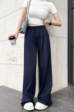 Lightweight High-Waisted Wide-Leg Pants with Pleats and White Edges - Casual Gray Floor-Length Trousers for Women