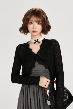 Lightweight Knitted Cardigan for Women - American Retro Lace Trim Summer Shawl Outerwear in Girly Style