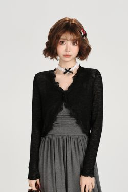 Lightweight Knitted Cardigan for Women - American Retro Lace Trim Summer Shawl Outerwear in Girly Style