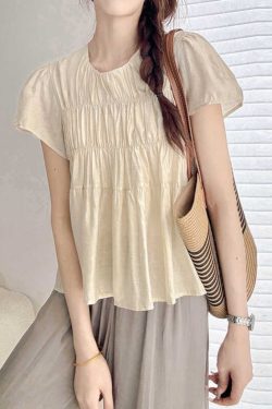 Lightweight Layered Spliced Tencel Cotton Top - Wrinkled Round Neck Short Sleeve in Apricot - Versatile Casual Style