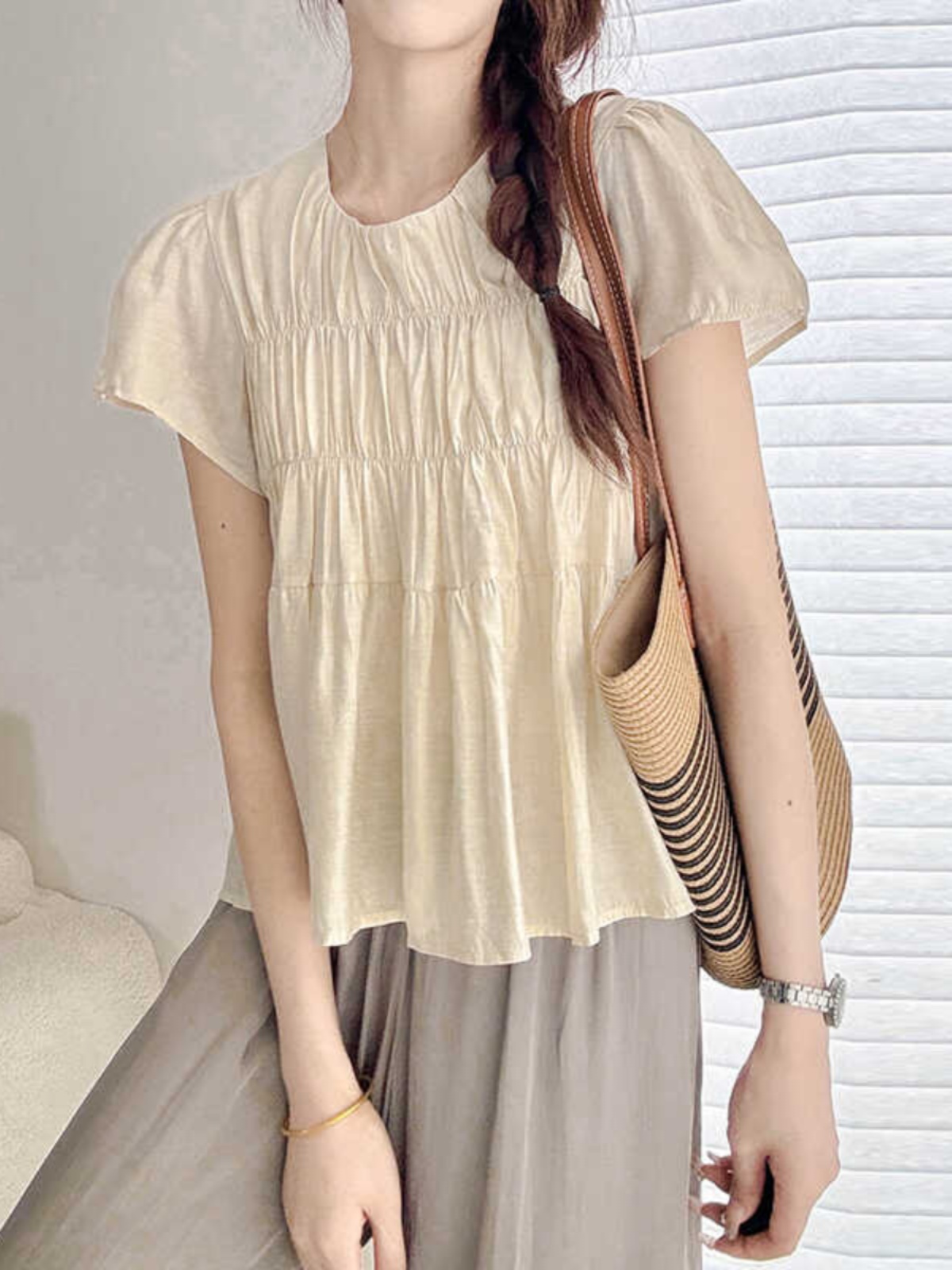 Lightweight Layered Spliced Tencel Cotton Top - Wrinkled Round Neck Short Sleeve in Apricot - Versatile Casual Style Lightweight Layered Spliced Tencel Cotton Top - Wrinkled Round Neck Short Sleeve in Apricot - Versatile Casual Style