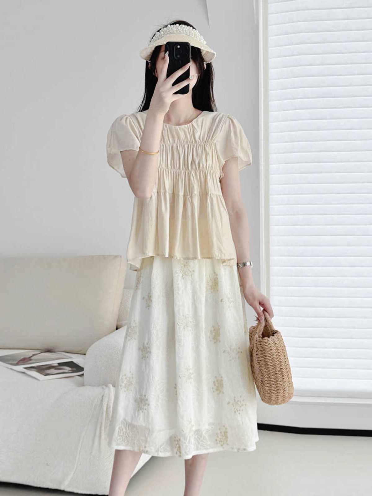 Lightweight Layered Spliced Tencel Cotton Top - Wrinkled Round Neck Short Sleeve in Apricot - Versatile Casual Style Lightweight Layered Spliced Tencel Cotton Top - Wrinkled Round Neck Short Sleeve in Apricot - Versatile Casual Style