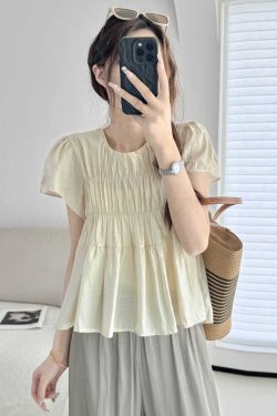 Lightweight Layered Spliced Tencel Cotton Top - Wrinkled Round Neck Short Sleeve in Apricot - Versatile Casual Style