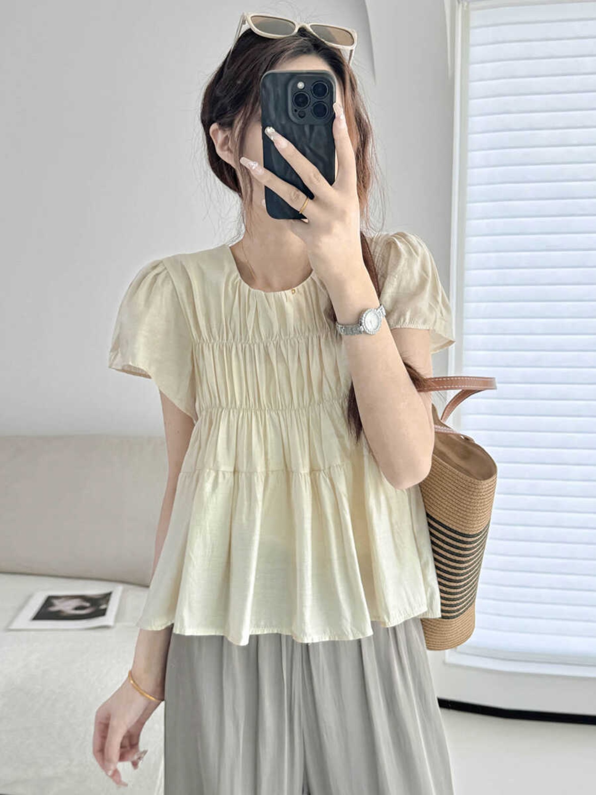 Lightweight Layered Spliced Tencel Cotton Top - Wrinkled Round Neck Short Sleeve in Apricot - Versatile Casual Style Lightweight Layered Spliced Tencel Cotton Top - Wrinkled Round Neck Short Sleeve in Apricot - Versatile Casual Style