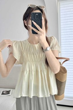 Lightweight Layered Spliced Tencel Cotton Top - Wrinkled Round Neck Short Sleeve in Apricot - Versatile Casual Style