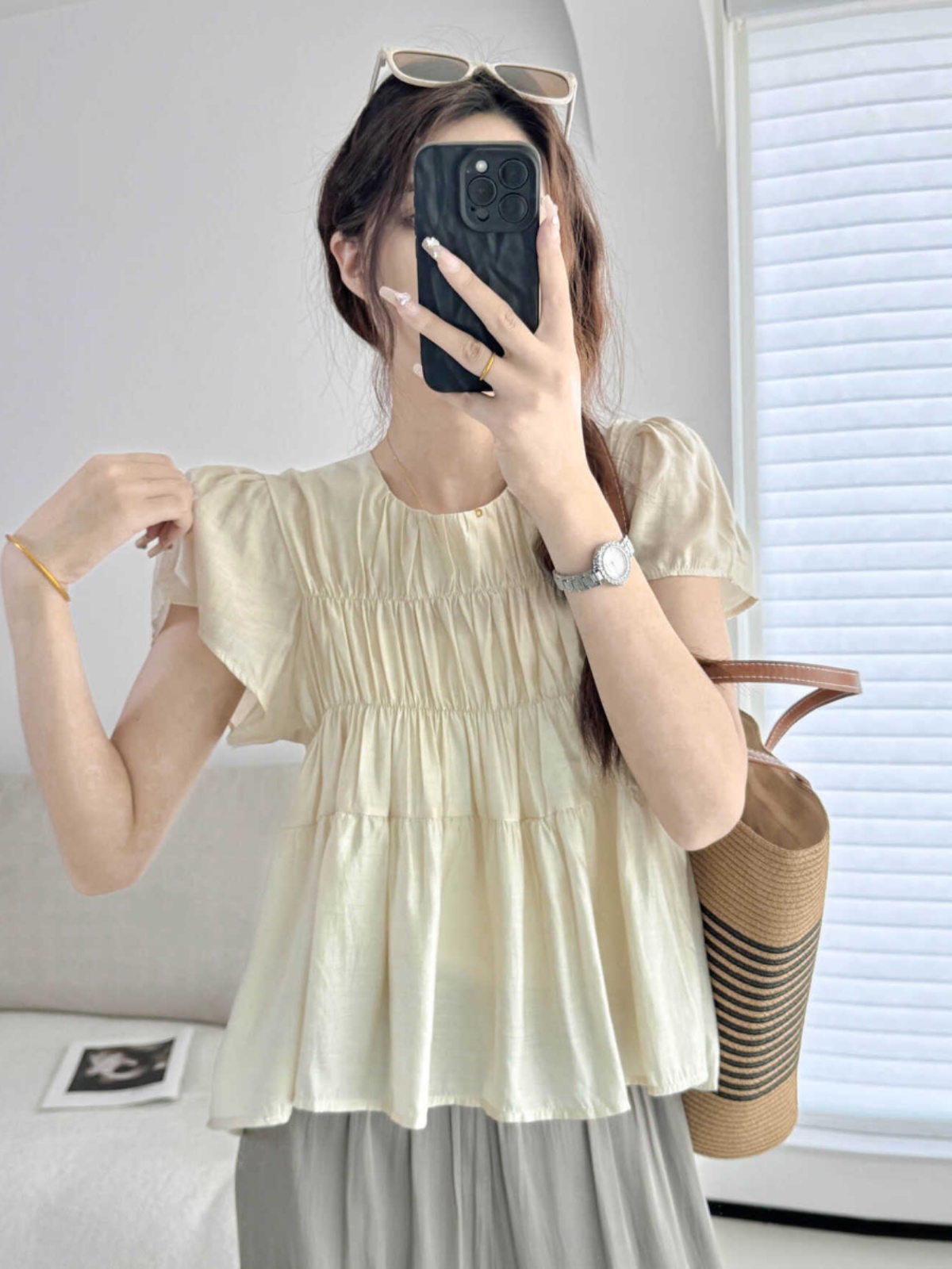 Lightweight Layered Spliced Tencel Cotton Top - Wrinkled Round Neck Short Sleeve in Apricot - Versatile Casual Style Lightweight Layered Spliced Tencel Cotton Top - Wrinkled Round Neck Short Sleeve in Apricot - Versatile Casual Style