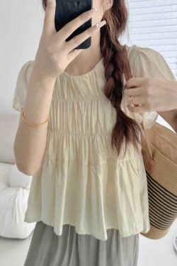 Lightweight Layered Spliced Tencel Cotton Top - Wrinkled Round Neck Short Sleeve in Apricot - Versatile Casual Style