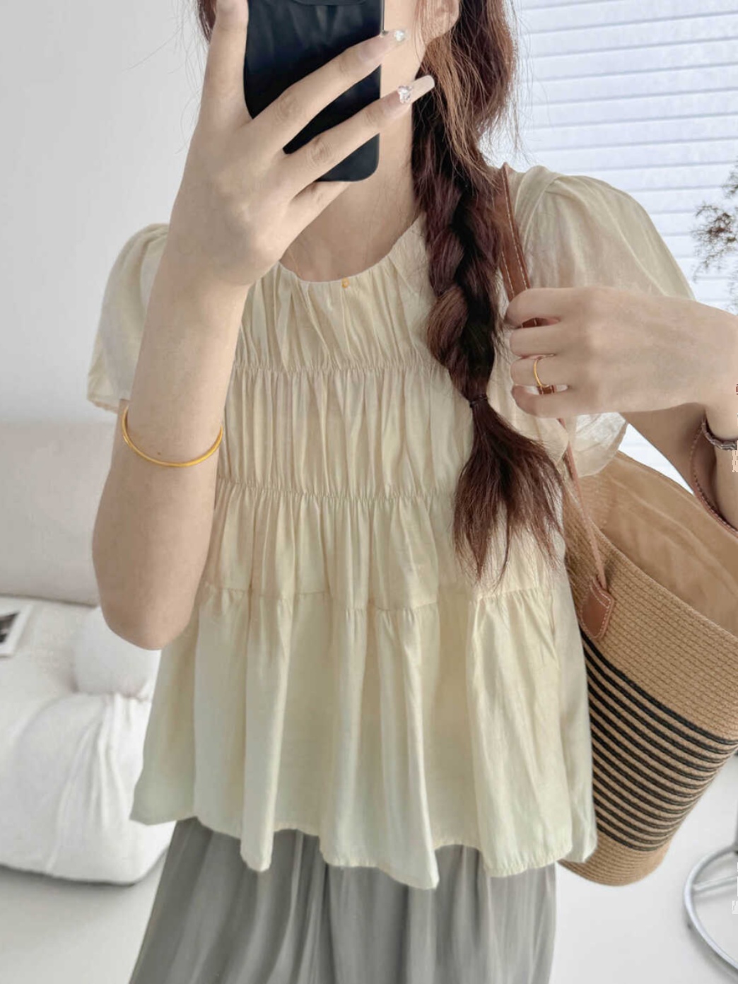 Lightweight Layered Spliced Tencel Cotton Top - Wrinkled Round Neck Short Sleeve in Apricot - Versatile Casual Style Lightweight Layered Spliced Tencel Cotton Top - Wrinkled Round Neck Short Sleeve in Apricot - Versatile Casual Style