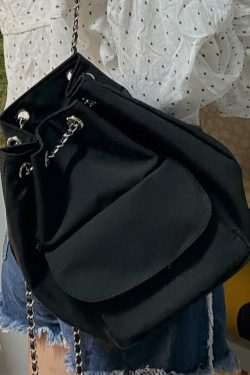 Lightweight Minimalist Black Drawstring Backpack for Women - Stylish High-End Summer Commuting Bag with Chain Detail