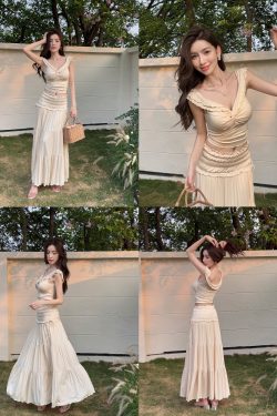 Lightweight One-Shoulder French Top with Ear-Shaped Ruffles and Elastic Long Skirt Set - Perfect for Summer Fashion