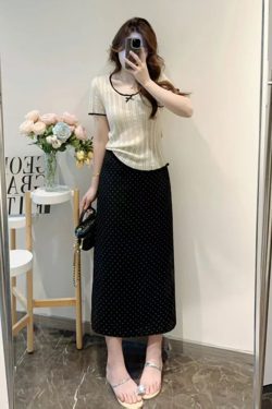 Lightweight Plus Size Hollow Knit Top for Women, Flattering Summer Style, Polka Dot Skirt, Elegant Two-Piece Set, Curvy Fit